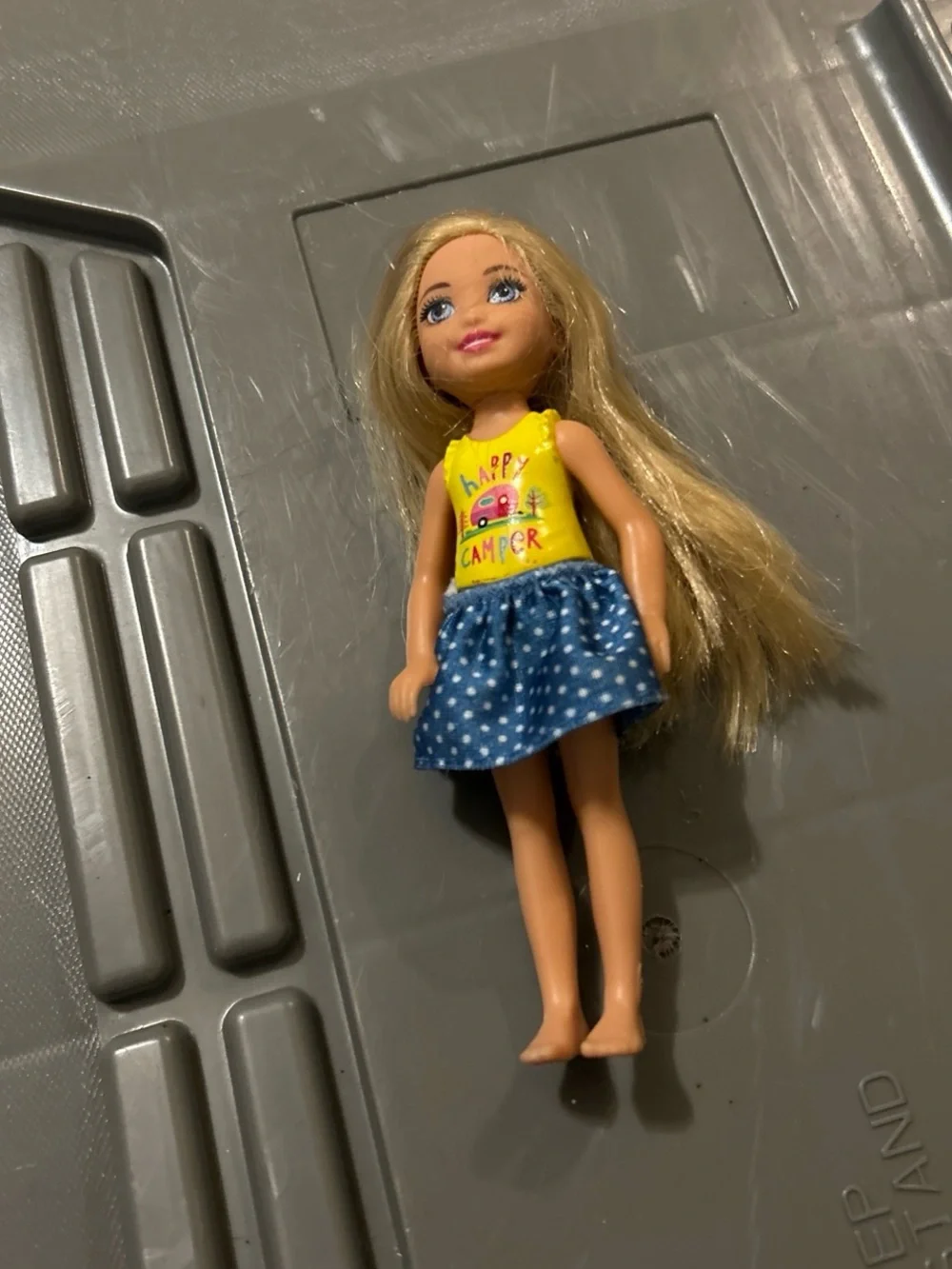 Mattel Blonde Fashion Doll in Yellow 'Happy Camper' Top and Blue Polka Dot Skirt